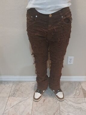 Brown Distressed Fringe Jeans